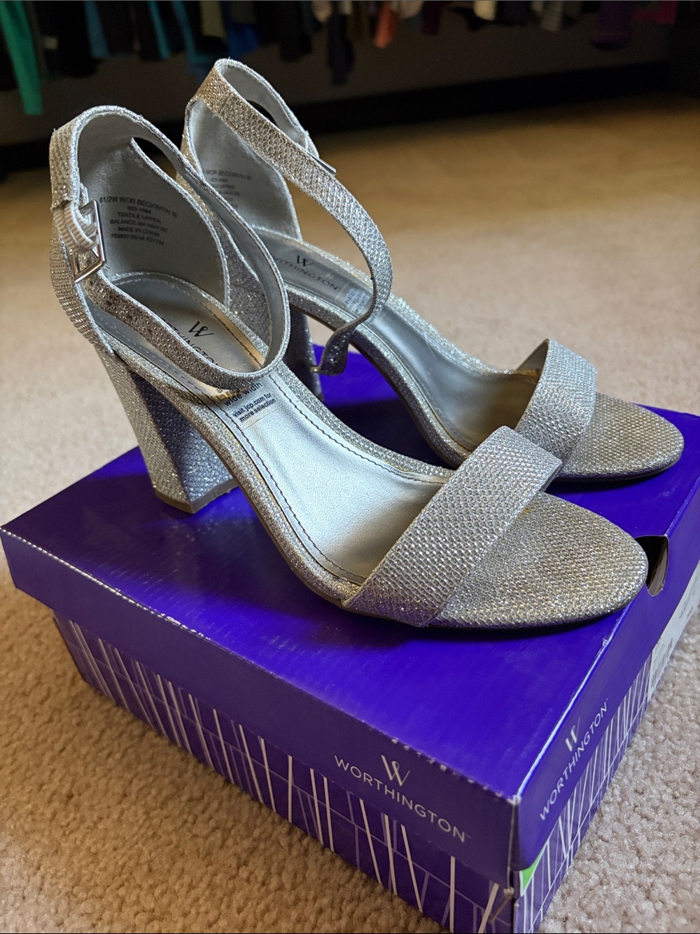 Worthington Silver Glitter Block Heel Sandals with Ankle Strap